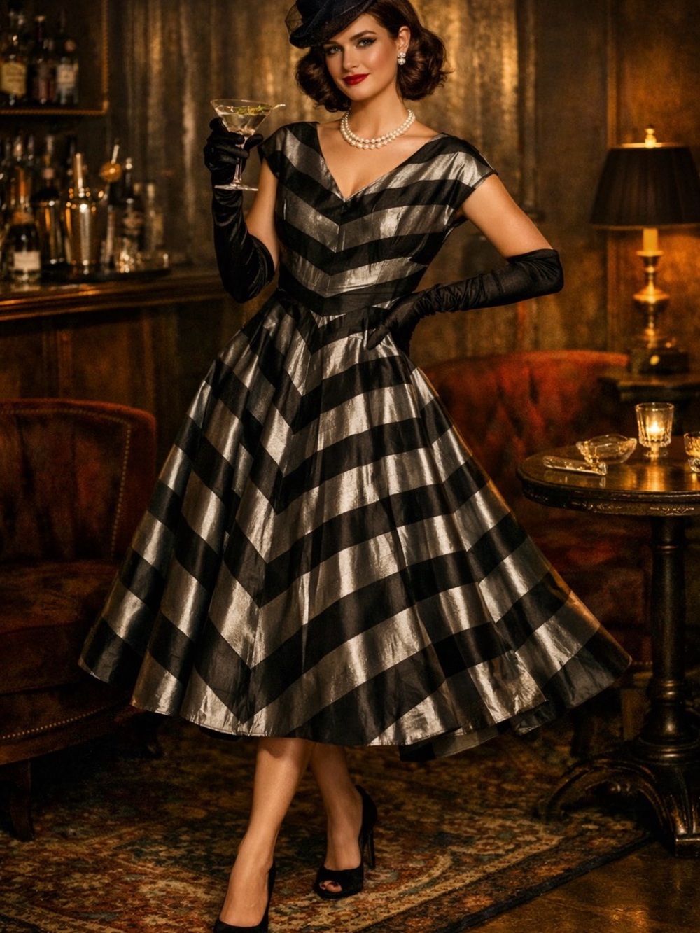 Vintage 1950s Black and Silver Met Striped Fit & Flared MIDI Dress Evening Party
